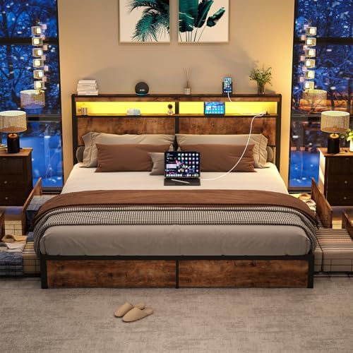 SADENICEL King Bed Frame with Storage Headboard and 4 Drawers, Metal Platform Bed Frame with LED Light, Charging Station, No Box Spring Needed, Noise Free, Easy Assembly, Vintage Brown