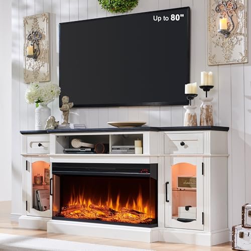 JXQTLINGMU Farmhouse Electric Fireplace TV Stand for TVs up to 80", Entertainment Center with 36" 3-Sided Glass Electric Fireplace & LED Lights, 70-inch TV Console, Antique White
