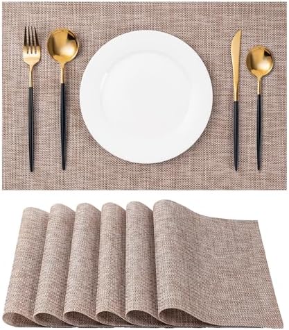 Placemats Set of 6 Washable Indoor/Outdoor Vinyl Place Mats for Dining Table Durable Non-Slip Heat Resistant PVC Weave Table Mats(Khaki)