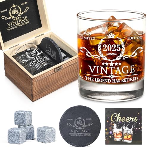 Retirement Gifts for Men Whiskey Glass Set - The Legend Has Retired 2025 - Retirement Party Decorations, Supplies - Gifts Ideas for Him, Dad, Husband, Friends - Wood Box & Whiskey Stones & Coaster