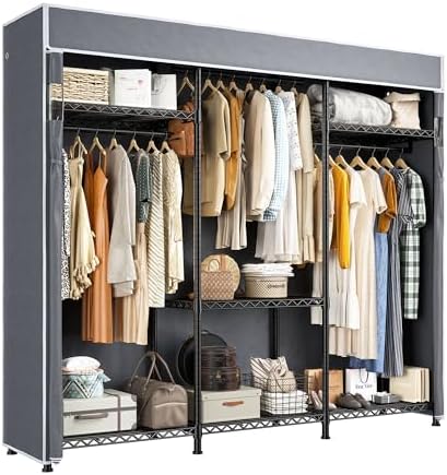 Raybee Clothes Rack with Cover, Clothing Racks for Hanging Clothes with Adjustble Shelves,Portable Closet Hold 800LBS for Bedroom, Basement,Garage, Space Saving, Black,15.74''D x 56.02''W x 75.4''H