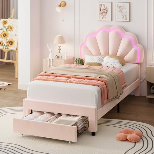 HIFIT Twin Upholstered Smart LED Bed Frame with Storage Drawer and Adjustable Chic Double Petal Headboard, Princess Platform Bed for Girls/Kids, Solid Wood Slats Support, No Box Spring Needed, Pink