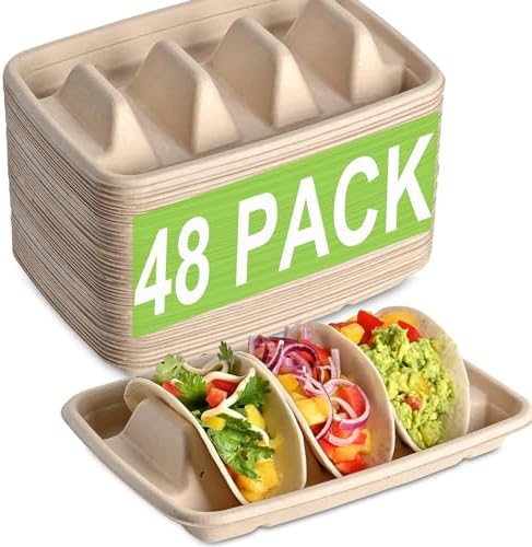 (48PCS) Taco Bar Serving Set for a Party, Disposable Taco Holder Stands, Paper Taco Holders, Taco Stands for 3 Tacos, Taco Bar Serving Dishes, Taco Plate Trays Keep Taco Upright, Taco Party Supplies