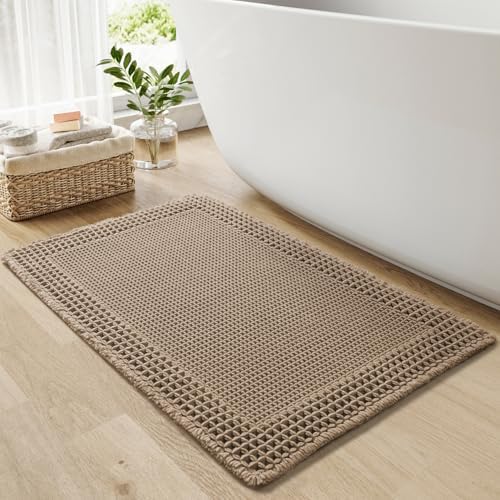 RESARE Waffle Bath Mat for Bathroom, Super Absorbent Bathroom Rugs Non Slip Machine Washable, Ultra Soft Quick Dry Boho Bath Rugs with Tassels for Floor, Upgraded Bordered Design, 24"x36" Brown