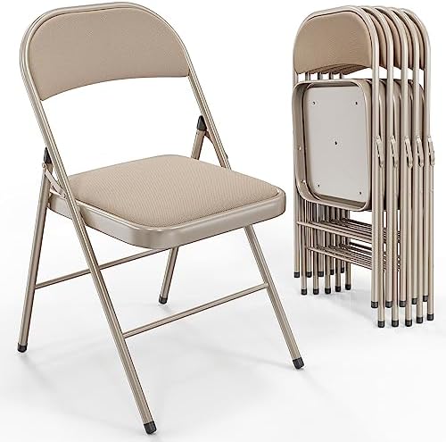 VINGLI 6 Pack Folding Chairs with Padded Seats, Metal Frame with Fabric Seat & Back, Capacity 350 lbs, Khaki, Set of 6