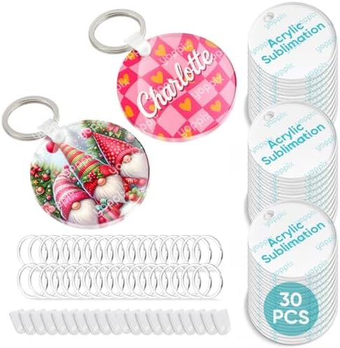 90 Pcs Sublimation Acrylic Keychain Blanks, with 30 Fixing Clips and 30 Key Rings for Heat Transfer Keychain Bag Decor Pet Necklace Christmas Tree Decor, Home Gift Crafts Supplies