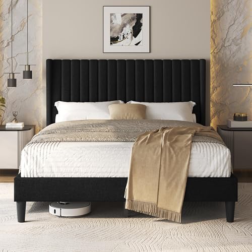 Yaheetech Queen Bed Frame Upholstered Platform Bed with Fabric Headboard, Wing Edge Design/Non-Slip and Noise-Free/Wooden Slats Support/No Box Spring Needed/Easy Assembly, Black Queen Bed