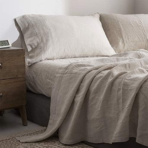 Simple&Opulence 100% Pure Linen Sheet Set Queen Size, Natural French Flax Solid Color 4 Pcs Washed Breathable, Farmhouse Bedding (1 Flat Sheet,1 Fitted Sheet,2 Pillowcases)-Embroidery Linen