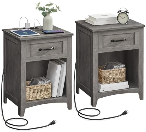VASAGLE LIRY Collection - Farmhouse Nightstands with Charging Station, Set of 2 Bedside Tables, Side Tables with Drawer, Open Compartment, for Bedroom, Misty Gray ULET859G01
