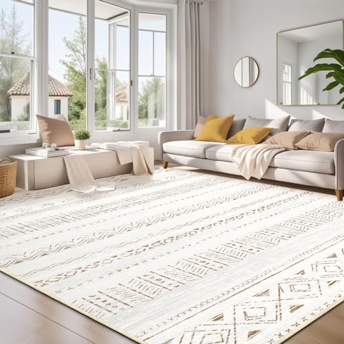 Large Living Room Area Rug 9x12: Soft Machine Washable Boho Moroccan Farmhouse Rugs for Bedroom Under Dining Table - Non Slip Neutral Morden Indoor Floor Carpet for Home Office Decor - Brown/Cream