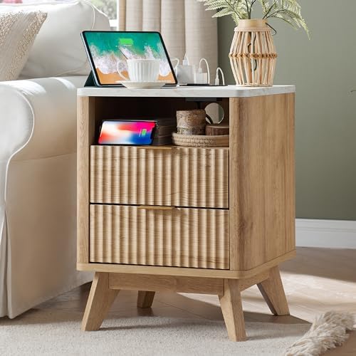 T4TREAM Fluted Nightstand with Charging Station, 18" Modern Side Table with Faux Marble Top, 2 Drawers End Table w/Storage, Bedside Table for Bedroom, Living Room, Curved Profile Design, Natural Oak