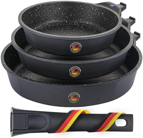 GIPFEL INTERNATIONAL 8, 10 and 12 Inch Nonstick Frying Pan Set of 3 - Cast Aluminum Pan with Detachable Handle - Non Stick Skillet Healthy Cooking Pans Induction Compatible Cookware, PFOA Free