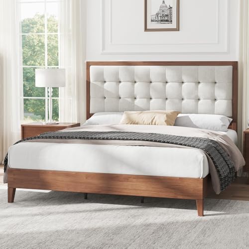 AMERLIFE Queen Size Solid Wood Bed Frame with Tall Tufted Headboard, Mid-Century Style, No Box Spring Required, Easy Assembly, Walnut