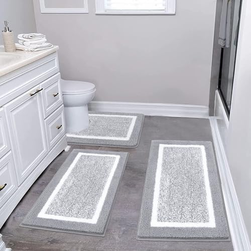 Pauwer Bathroom Rug Sets - 3 Piece Shower Mats with U-Shaped Contour Toilet Mat, Absorbent Microfiber Plush Bath Mats, Non Slip, Machine Washable Shaggy Floor Mats