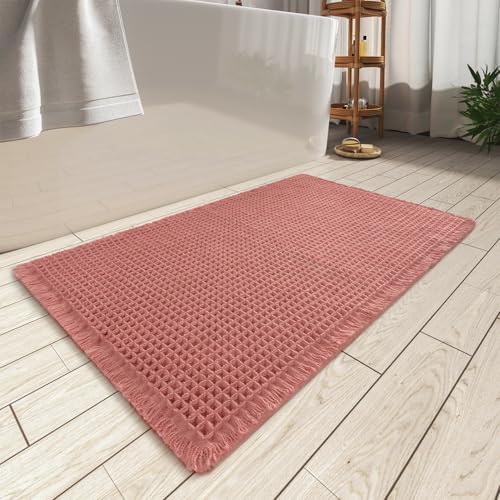 AMOAMI Upgraded Waffle Bath Mat, Super Absorbent Non Slip Bath Mats for Bathroom Floor, Machine Washable Bathroom Rugs with Tassels, Rubber Backed Bathroom Mats, Ultra Soft, 17" x 24", Coral