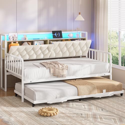 ADORNEVE Daybed with Trundle, Twin to King Daybed with Charging Station & LED Lights, Metal Trundle Bed Twin with Hidden Storage Headboard, Upholstered Sofa Day Bed for Living Room, Bedroom, White
