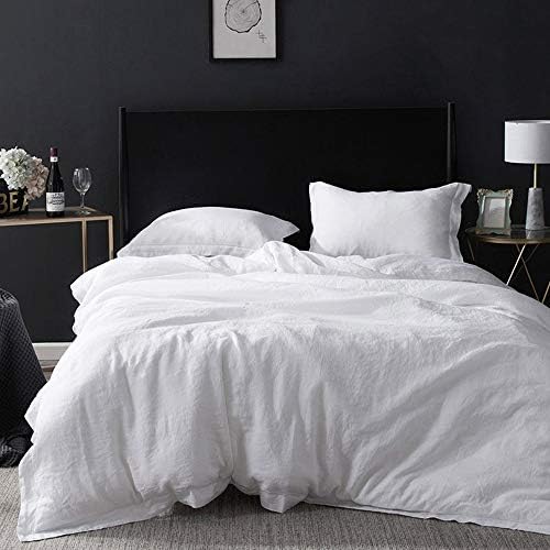Simple&Opulence 100% Linen Duvet Cover Set with Embroidery Border Washed - 3 Pieces (1 Duvet Cover with 2 Pillow Shams) with Button Closure Soft Breathable Farmhouse - White, King Size