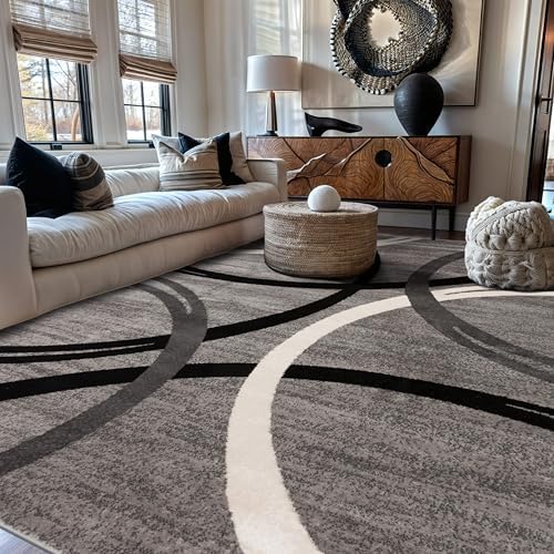 Rugshop Wavy Circles Design Area Rug, Non-Shedding Carpet for Living Room, Dining Room, or Bedroom, Gray, 7'10" x 10'2"