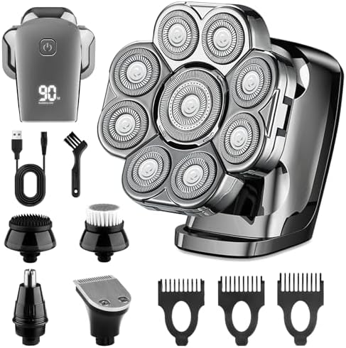 9D Electric Head Shaver for Bald Men, LED Display, Waterproof Wet & Dry, 5 in 1 Bald Head Shavers for Men with Nose Hair Trimmer & Detachable Heads