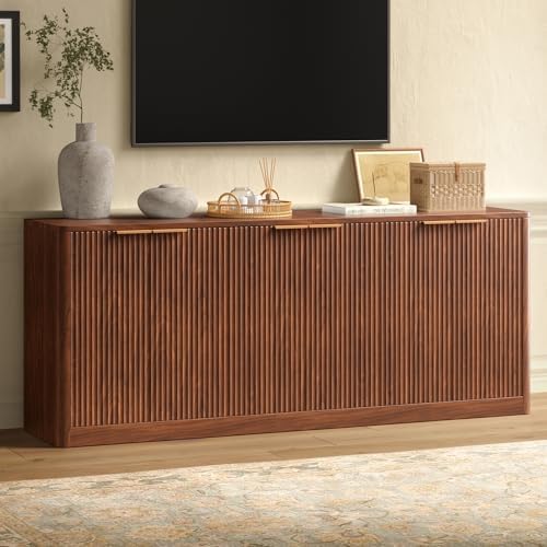 Evermagin 67" Walnut Fluted TV Stand for TVs up to 75", Mid-Century Modern Entertainment Center with Storage Cabinets and 6 Doors, Wood Media TV Consoles for Living Room and Bedroom