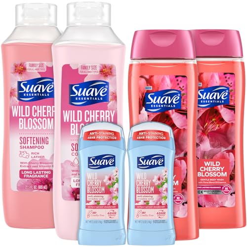 Suave Body Wash 2-Pack, Shampoo & Conditioner + Antiperspirant Deodorant 2-Pack, Wild Cherry Blossom Bundle (6 Piece Set)