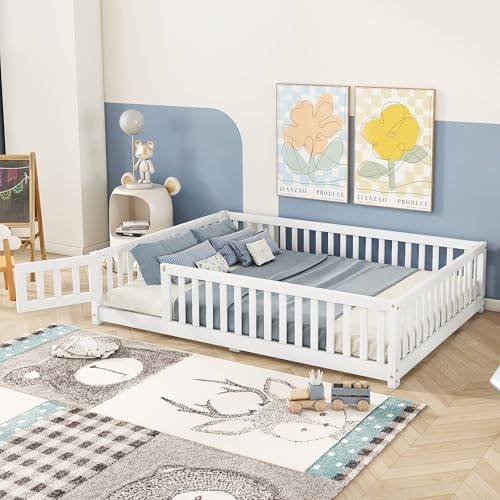Bellemave Full Floor Bed with Slats and Safety Guardrails, Kids Montessori Floor Beds with Fence and Door, Easy Assemble Floor Bed for Kids, Girls, Boys, White
