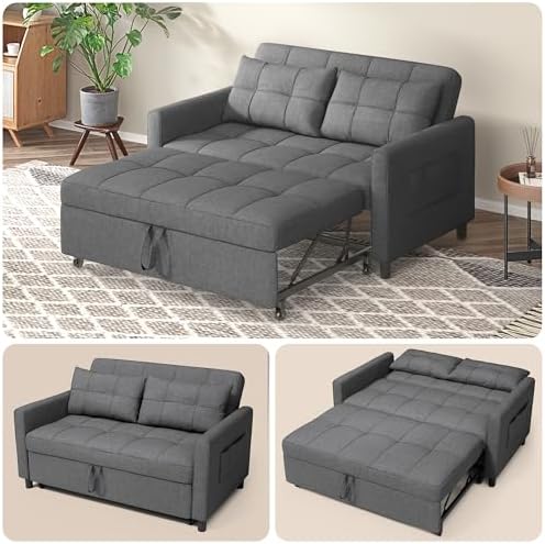 Gizoon Convertible Futon Sofa Bed, 3-in-1 Loveseat Sleeper Sofa with Pull Out Bed Couch, 53.2” Full Size Futon Couch with Side Pocket & Adjustable Backrest for Living Room, Linen Fabric, Dark Grey