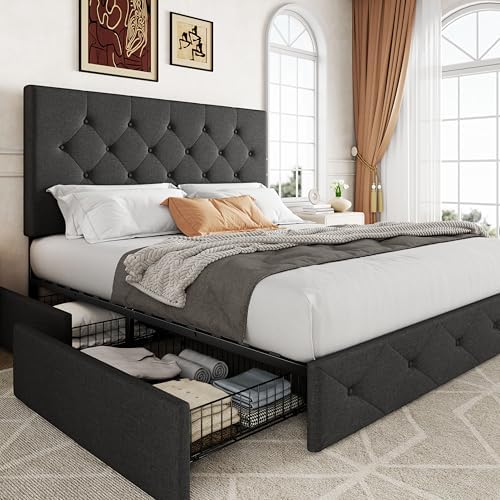 Allewie Upholstered Full Size Platform Bed Frame with 4 Storage Drawers and Headboard, Diamond Stitched Button Tufted, Mattress Foundation with Wooden Slats Support, No Box Spring Needed, Dark Grey