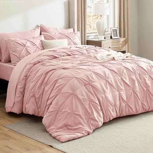 Bedsure Full Comforter Set Pink - Bed in a Bag Full Size 7 Pieces, GentleSoft™ Pintuck Bed Set Gift for Family, Pinch Pleat Pink Comforter with Sheets, Pillowcases & Shams