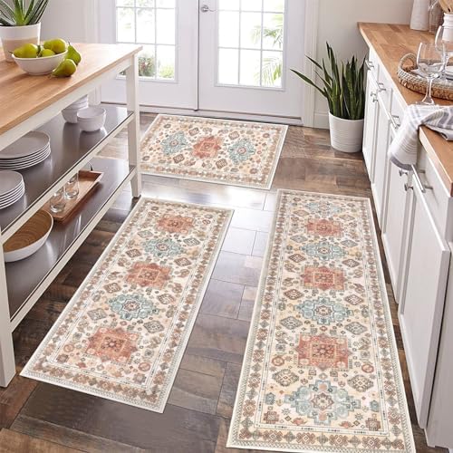Pauwer Kitchen Mats for Floor 3 Piece Set Boho Non Slip Kitchen Rugs Washable Farmhouse Kitchen Floor Mats Thick Long Kitchen Throw Area Rug Carpet Runner for Hallway Entryway Laundry Bathroom, Orange