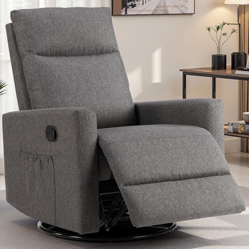 Swivel Rocking Recliner Chair with Extra Large Footrest High Back, Upholstered Glider Nursery Chair for Living Room, Bedroom & Nursery, Comfortable Deep Seat for Relaxation, Grey