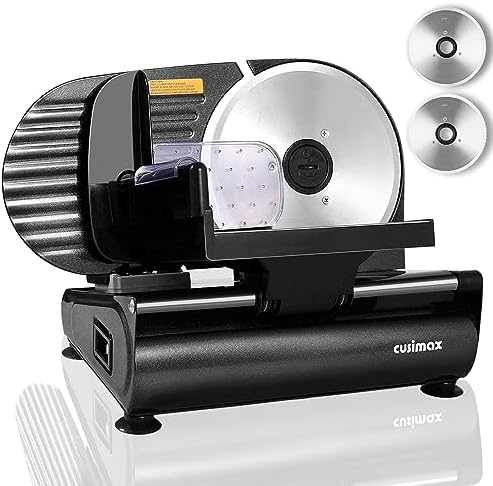 Meat Slicer,CUSIMAX Electric Deli Meat Slicer for Home,2 Removable 7.5''Stainless Steel Blades and Pusher,1-15mm Adjustable Thickness Food Slicer Easy for Cut Meat,Cheese,Bread