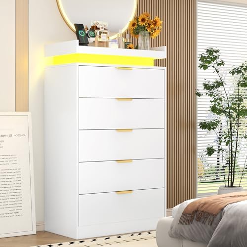 Tall Dresser for Bedroom, White Dresser with LED Lights, Wood 5 Drawer Chest with Power Outlet, Modern Chest of Drawers for Bedroom, Living Room, Entryway, Hallway