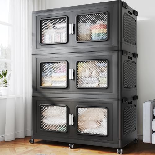 BROVIEW 900 Qt Stackable Storage Bin with Lid, 225Gal Extra Large Collapsible Storage Boxes, Folding Plastic Drawer, Heavy-Duty Store Cabinet, Closet Organizer for Home Kitchen, 3 Pack Black