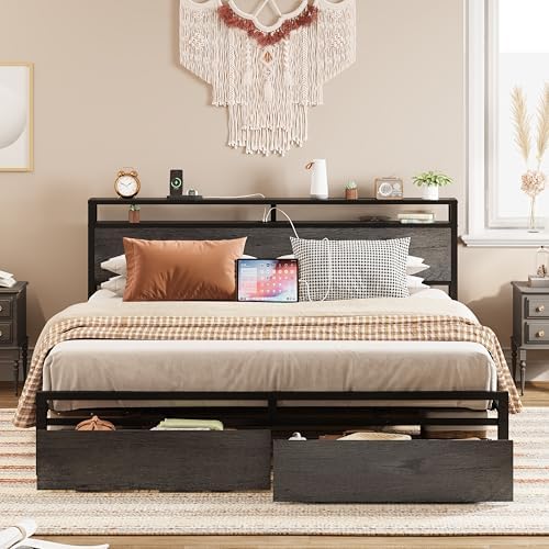 LIKIMIO King Bed Frame with Storage Headboard, Platform Bed with Drawers and Charging Station, No Box Spring Needed, Easy Assembly, Charcoal Grey