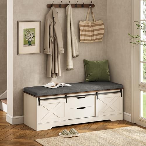 Farmhouse Storage Bench with Cushion, Shoe Rack with Slide Barn Doors, Adjustable Shelf and 2 Drawer for Entry, Bedroom, Closet, Living Room, Hallway (White Brown, 59.8 in)