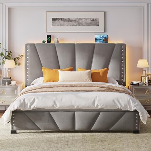 EnHomee Queen Bed Frame, Velvet Bed Frame with Headboard and Led Light, Platform Bed Frame for Bedroom Apartment, Dorm, Noise-Free, Easy Assembly, Dark Gray