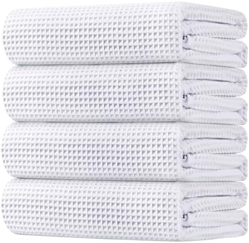 HOMEXCEL Waffle Bath Towels Set 4 Pack, Premium Microfiber Bathroom Towels, Ultra Soft, Lightweight, Highly Absorbent and Quick Dry Towel for Bathroom, Gym, Shower, Hotel, and Spa, 27 x 54 Inch, White
