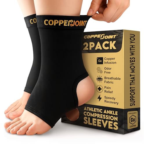 CopperJoint Athletic Foot Ankle Compression Sleeve – Pull On Copper Ankle Brace Women Support, Foot Sleeves, Breathable Elastic Braces Design for Basketball, Running, Sports - Small - 2 Pack