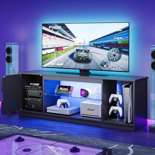 Bestier LED TV Stand for 55/60/65 Inch TV, Gaming Entertainment Center with Cabinet for PS5, Xbox,Modern TV Cabinet with Adjustable Glass Shelves for Living Room, Bedroom 57 Inch,Black