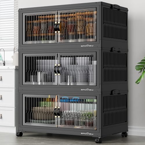 BROVIEW 360Qt Stackable Storage Bins with 3 Lids, Extra Large Closet Organizer Collapsible Drawer Boxes with Wheels, Folding Plastic Cabinet Containers for Home Kitchen Room Organization, 3Pack Black