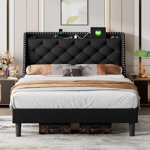 iPormis Queen Bed Frame with 16" Comfort Wingback & Charging Station,Upholstered Platform Bed with Button Tufted Storage Headboard, Solid Wood Slats Support, No Box Spring Needed, Black