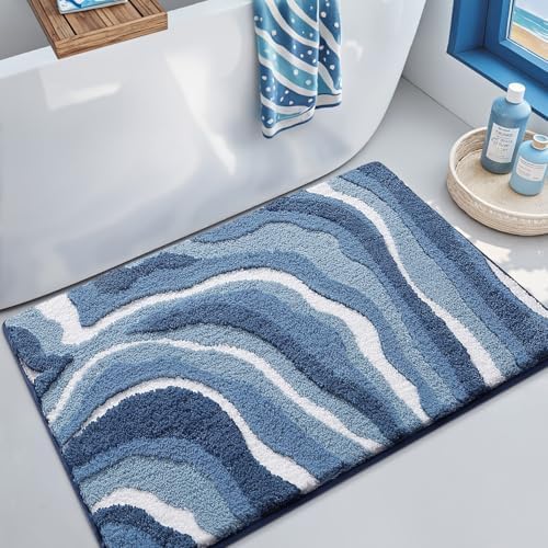 LUMI Absorbent Bathroom Rug Non Slip Rubber Backing, Machine Washable Wave Bath Mat Soft Premium Microfiber, Beach Bath Rugs Quick Dry for Bathtub and Shower Floor, 20"x32"