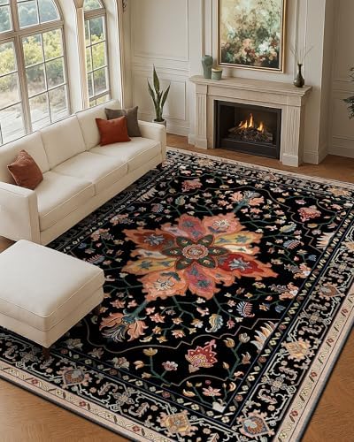 Area Rugs 9'x12' Washable Non-Slip, Floral Vintage Distress Print Pattern Medallion Carpet for Living Room Bedroom Dining Room, Black Colorful Floral Dark Tan