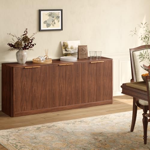 Evermagin 67" Fluted Walnut Buffet Cabinet Sideboard with Storage, Large Credenza with 6 Doors, Wood Mid Century Modern Sideboard for Kitchen and Living Room (67" W*31.5" H*15.7" D)