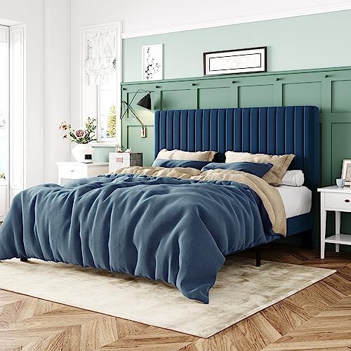 Allewie Full Bed Frame, Velvet Upholstered Platform Bed with Adjustable Vertical Channel Tufted Headboard, Mattress Foundation with Strong Wooden Slats, Box Spring Optional, Easy Assembly, Navy Blue