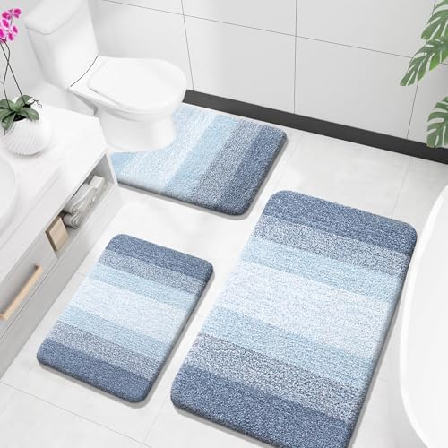 OLANLY Bathroom Rugs Sets 3 Piece, Soft Absorbent Microfiber Bath Mats and U-Shaped Contour Toilet Rug, Plush Shaggy Bath Mat Set for Bathroom (36"x24"+24"x16"+24"x20", Blue)