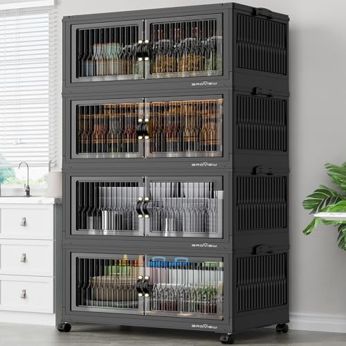 BROVIEW 480Qt Stackable Storage Bins with 4 Lids, Extra Large Closet Organizer Collapsible Drawer Boxes with Wheels, Folding Plastic Cabinet Containers for Home Kitchen Room Organization, 4Pack Black