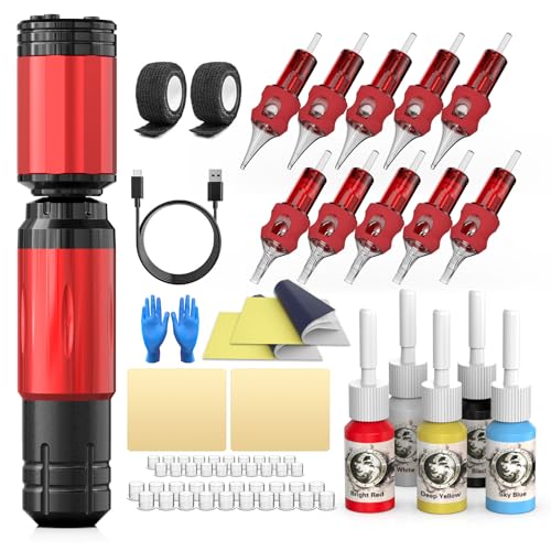 AIDEN 78PCS Wireless Tattoo Gun Kit with 1500mAh Battery and 20PCS Disposable Finger Ledge Needles, Complete Tattoo Kit for Beginner and Tattoo Artist - Red WTK302
