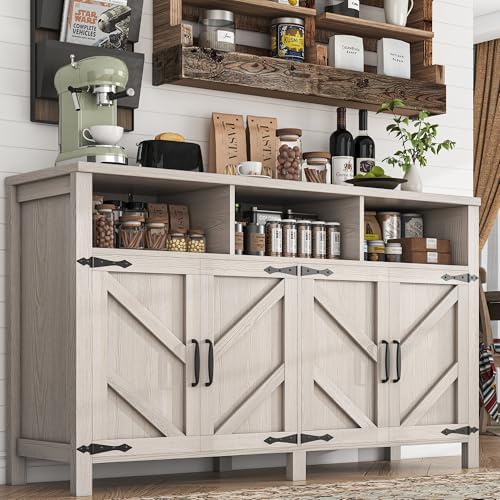 Buffet Cabinet with Storage Farmhouse with 4 Doors, 55'' Large Kitchen Storage Cabinet Wood Coffee Bar Buffet Sideboard for Kitchen, Dining Room, Entryway